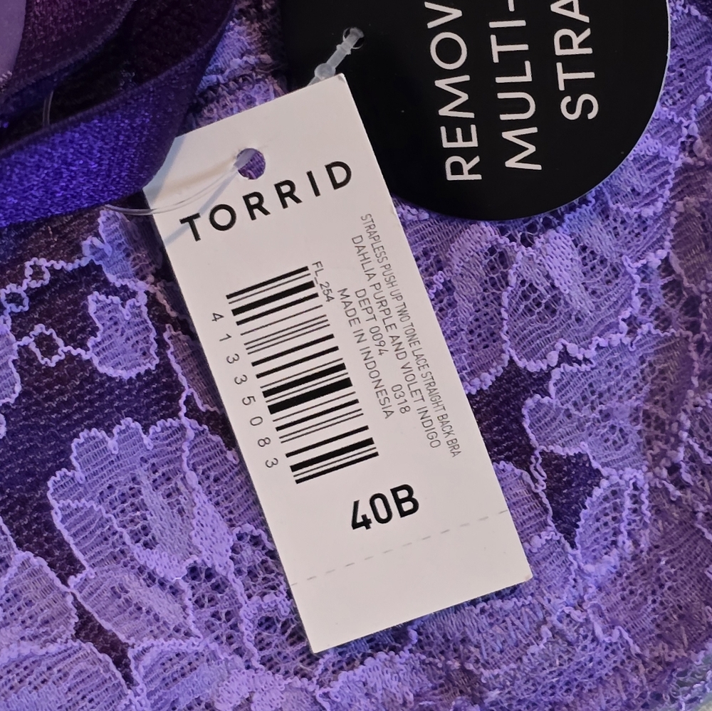 Torrid Strapless Padded Push-Up Bra Two Tone UW Lace Straight Back SZ 40B NWT - Picture 8 of 8